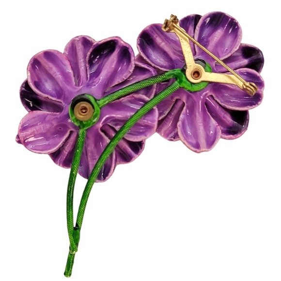 Pink Purple Plastic Daisy Flower Duo, Green Metal Stem Pin Brooch E143 - Picture 4 of 10